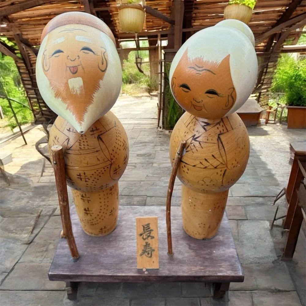 Vintage Japanese Wooden kokeshi dolls elderly couple takasago signed - Picture 2 of 6